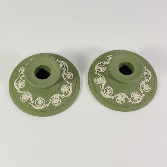 Wedgwood Jasperware Set Of Two Celadon Green Candle Holders - Picture 5 of 5